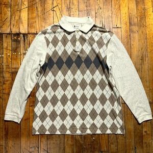 Haggar Polo Shirt Men's Large Gray Brown Argyle Long Sleeve Golf Performance